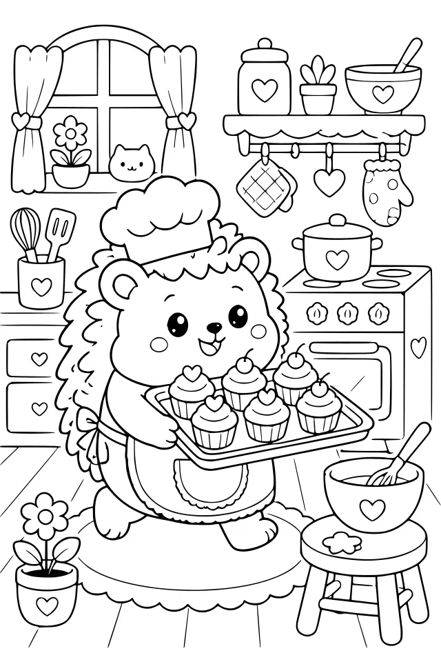 A Cozy Kawaii page: a cute hedgehog baker carrying a tray of cupcakes in a tiny kitchen
