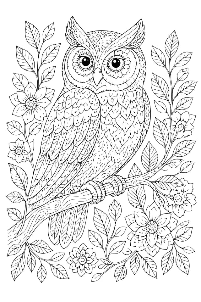 An Intricate Fine-Line page: an owl perched on a branch surrounded by leaves and flowers