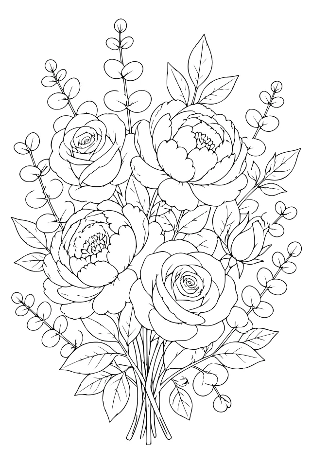 A Florals & Botanicals page: a bouquet of roses, peonies and eucalyptus leaves