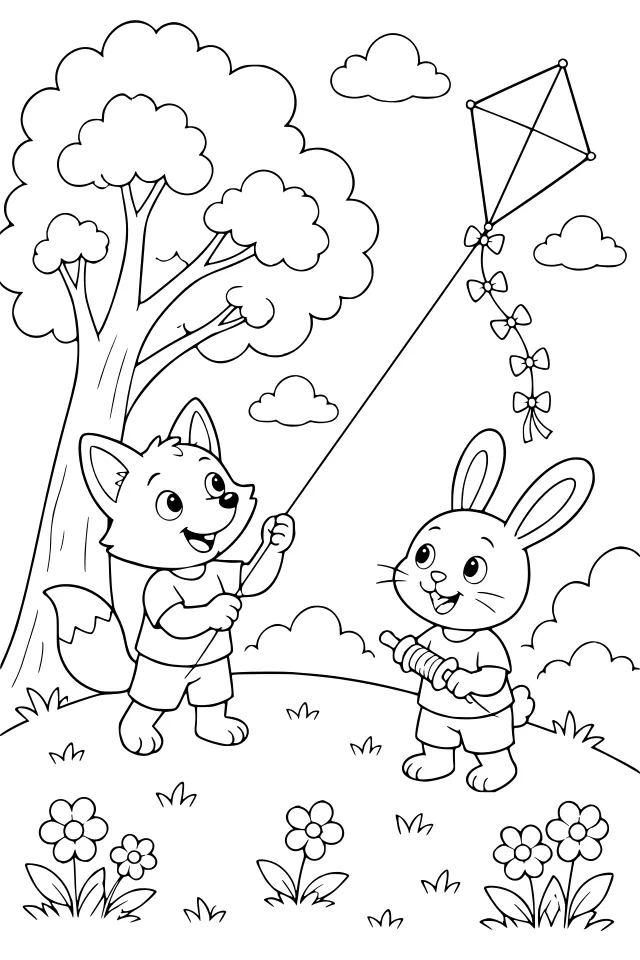 A Storybook page: a young fox and a rabbit flying a kite on a grassy hill under a tree