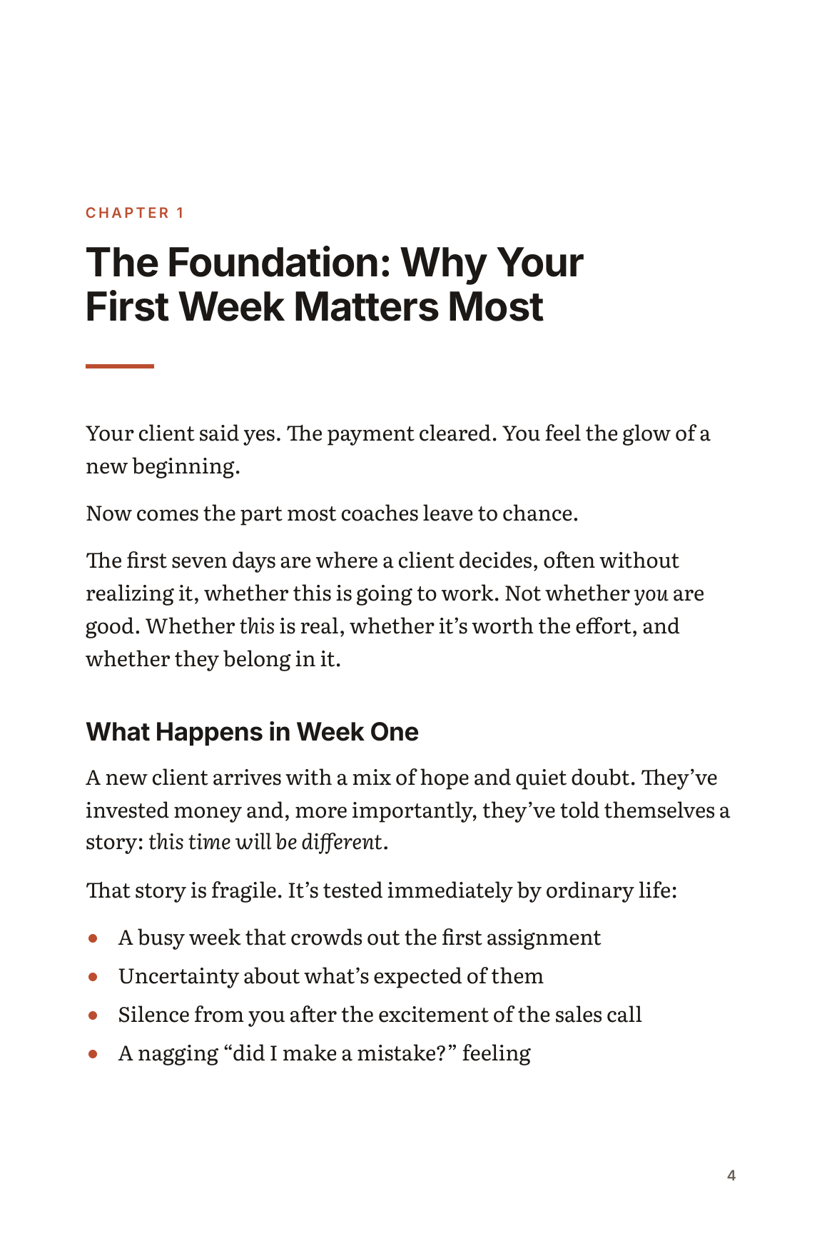 Chapter 1 opens: “The Foundation: Why Your First Week Matters Most”