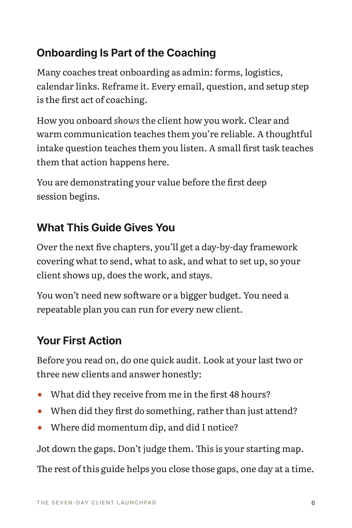Chapter 1, “The Foundation: Why Your First Week Matters Most”, page 6