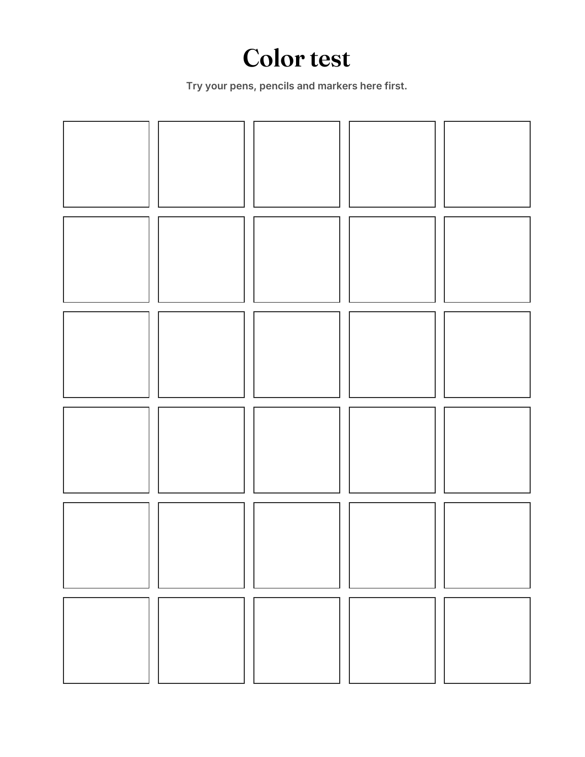 A color test: a grid of squares to try pens, pencils and markers on first