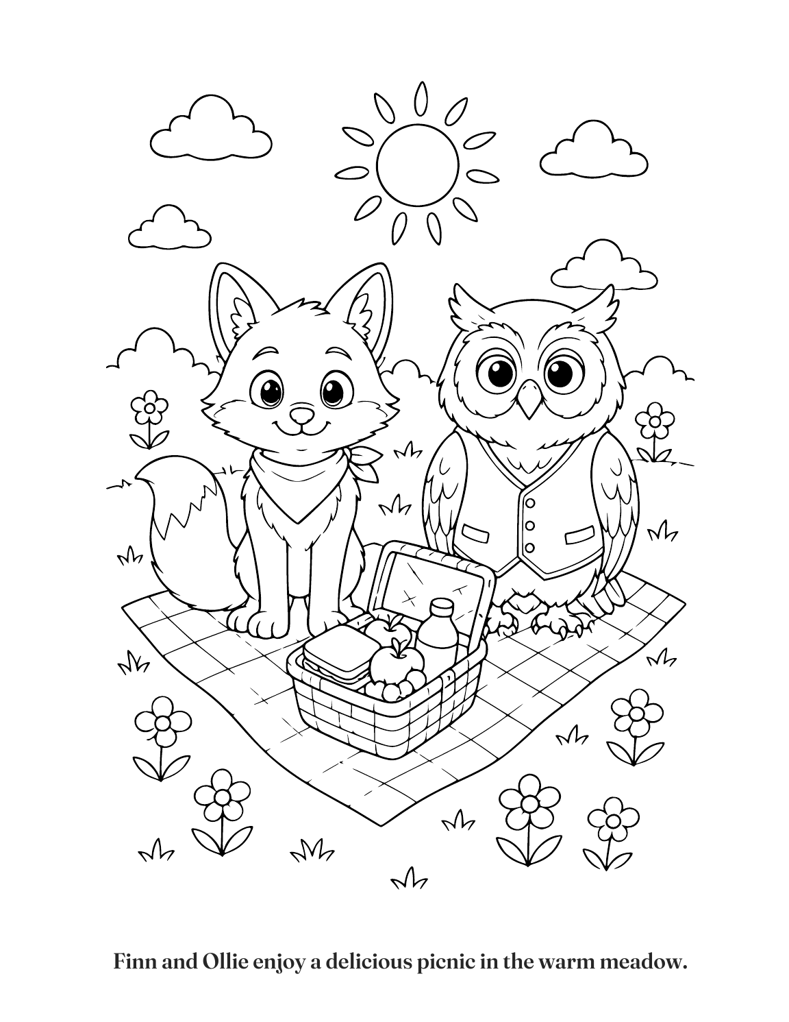 Drawing 1 of 12, “Meadow Picnic Fun”: Finn the fox and Ollie the owl are sitting on a checkered picnic blanket in a sunny meadow, surrounded by a few simple flowers, with a basket of food open between them. Its caption: “Finn and Ollie enjoy a delicious picnic in the warm meadow.”