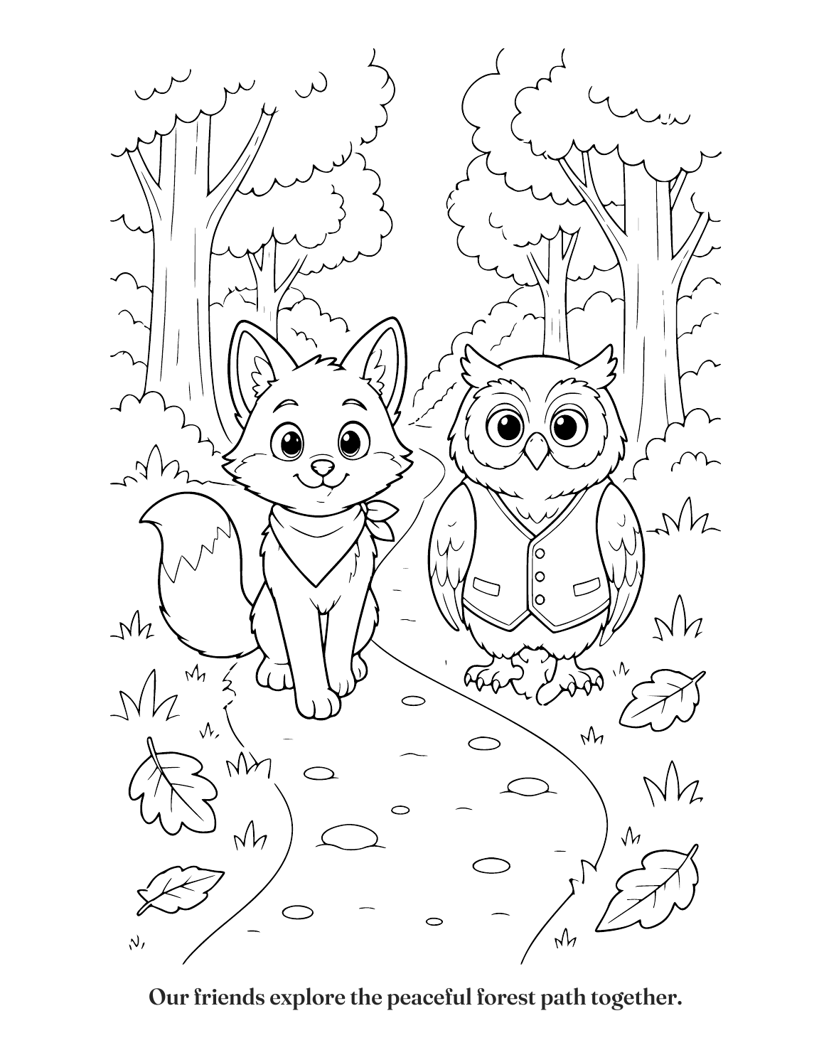 Drawing 2 of 12, “Exploring the Forest”: Finn and Ollie walk along a winding path through a friendly forest, with tall, simple trees and a few large leaves on the ground. Its caption: “Our friends explore the peaceful forest path together.”