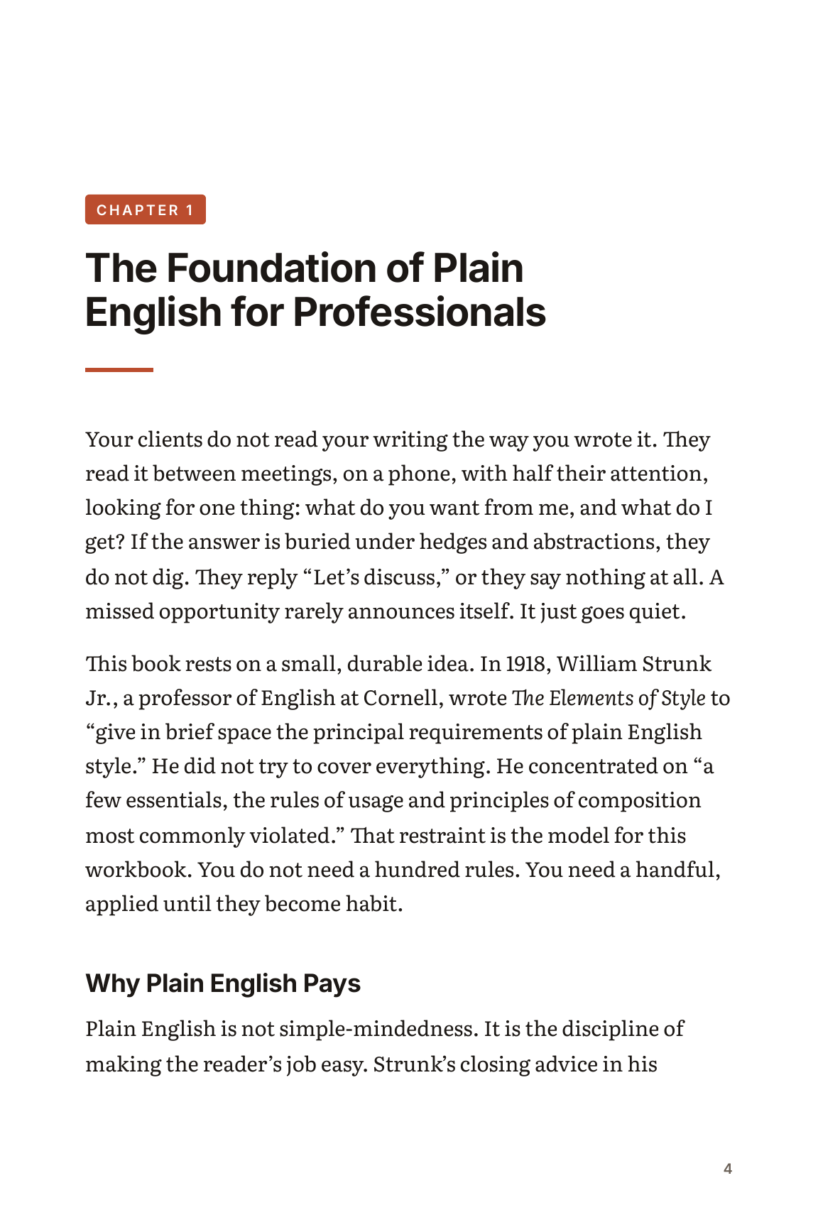 Chapter 1 opens: “The Foundation of Plain English for Professionals”