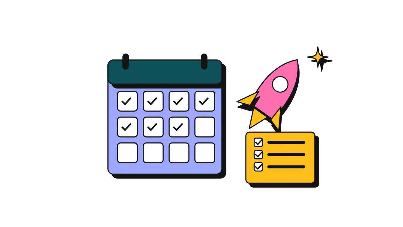A wall calendar with ticked days beside a small rocket and a checklist