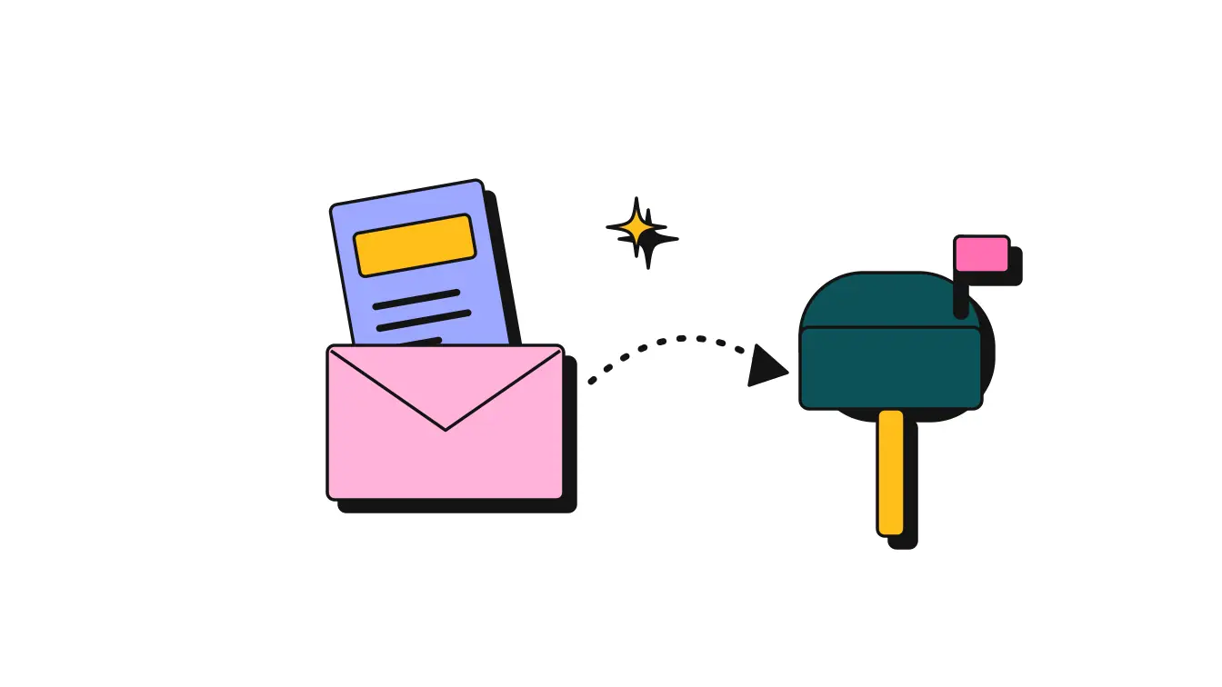 A guide sliding into an envelope with an arrow toward a mailbox