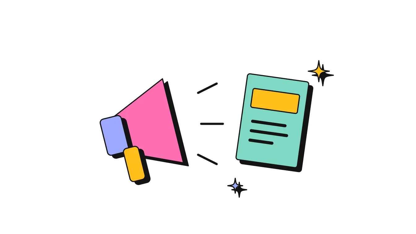 A megaphone pointing at a guide booklet surrounded by sparkles