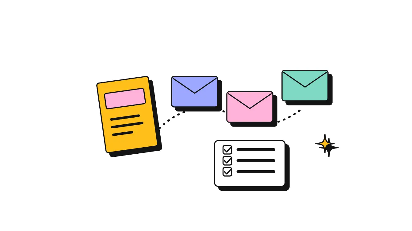 A guide booklet followed by a row of envelopes on a dotted path