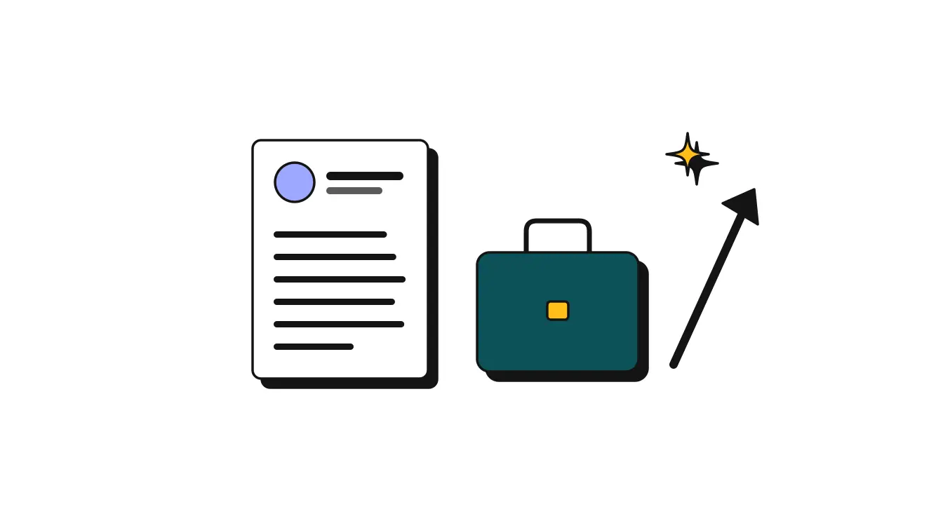 A résumé page beside a briefcase and an upward arrow