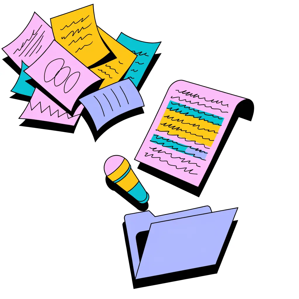 Notes, a highlighted transcript and a microphone sliding into one folder