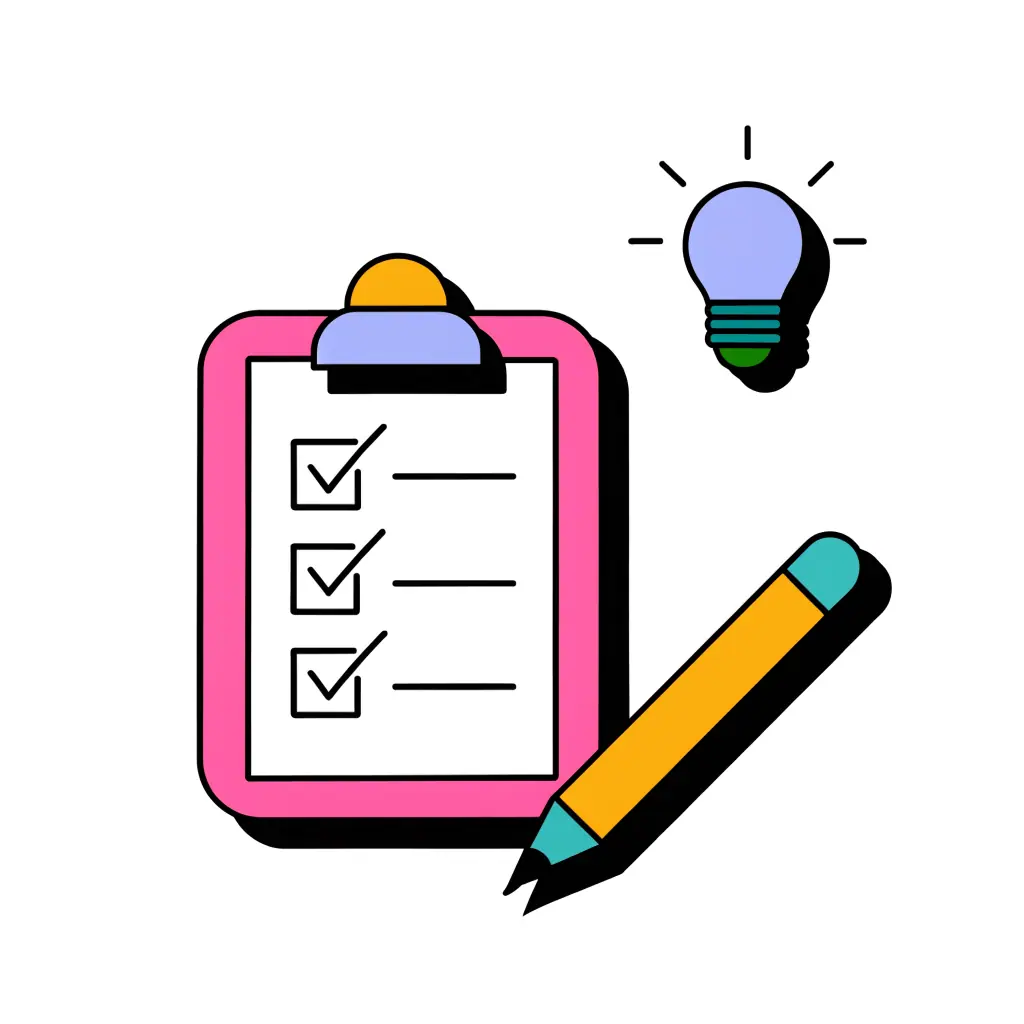 A clipboard with a ticked outline, a pencil and a lightbulb